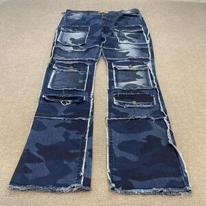 Bleecker & Mercer Stack Flare Jeans Mens 40x36 Blue Camo Distressed Denim
